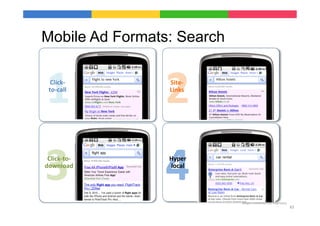 Mobile Ad Formats: Search



1	
  
   Click-­‐	
  
  to-­‐call	
  
                     2	
  
                     Site-­‐	
  
                     Links	
  




3	
  
 Click-­‐to-­‐	
  
download	
  
                     4	
  
                     Hyper	
  
                     local	
  




                                   Google	
  Conﬁden9al	
  and	
  Proprietary	
  
                                                                                    43	
  
 