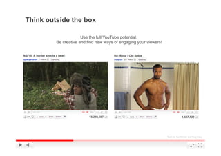 Think outside the box

                      Use the full YouTube potential.
         Be creative and find new ways of engaging your viewers!




                                                                   YouTube Confidential and Proprietary
 