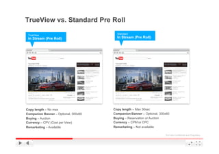 TrueView vs. Standard Pre Roll

 TrueView                               Standard
 In Stream (Pre Roll)                   In Stream (Pre Roll)




Copy length – No max                  Copy length – Max 30sec
Companion Banner – Optional, 300x60   Companion Banner – Optional, 300x60
Buying – Auction                      Buying – Reservation or Auction
Currency – CPV (Cost per View)        Currency – CPM or CPC
Remarketing – Available               Remarketing – Not available

                                                                      YouTube Confidential and Proprietary
 