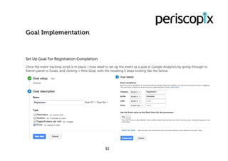 Set Up Goal For Registration Completion
Once the event tracking script is in place, I now need to set up the event as a goal in Google Analytics by going through to
Admin panel to Goals, and clicking + New Goal, with the resulting 3 steps looking like the below.
Goal Implementation
11
 