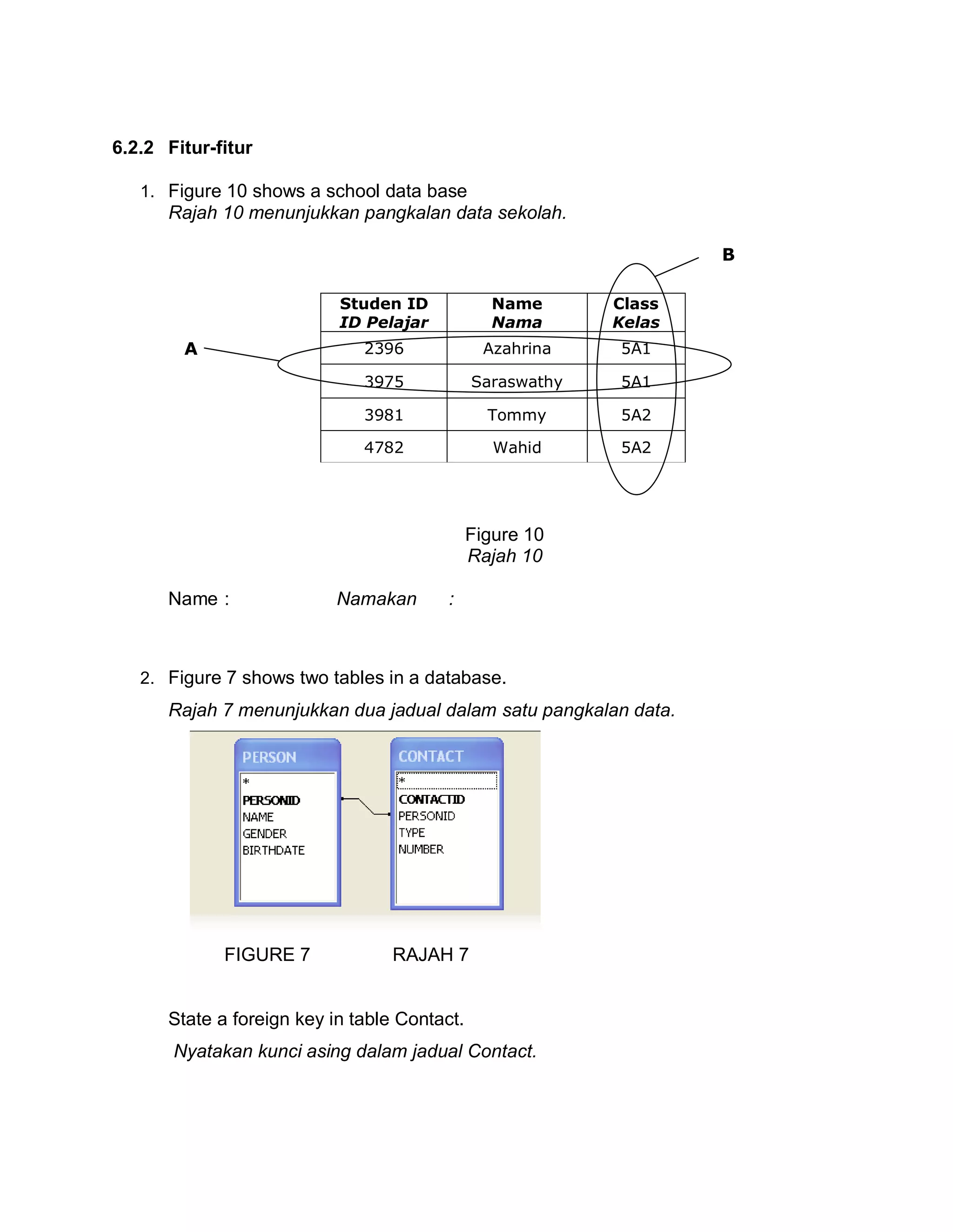 6.2.2 Fitur-fitur
1. Figure 10 shows a school data base

Rajah 10 menunjukkan pangkalan data sekolah.
B
Studen ID
ID Pelajar

Class
Kelas

2396

Azahrina

5A1

3975

Saraswathy

5A1

3981

Tommy

5A2

4782

A

Name
Nama

Wahid

5A2

Figure 10
Rajah 10
Name :

Namakan

:

2. Figure 7 shows two tables in a database.

Rajah 7 menunjukkan dua jadual dalam satu pangkalan data.

FIGURE 7

RAJAH 7

State a foreign key in table Contact.
Nyatakan kunci asing dalam jadual Contact.

 