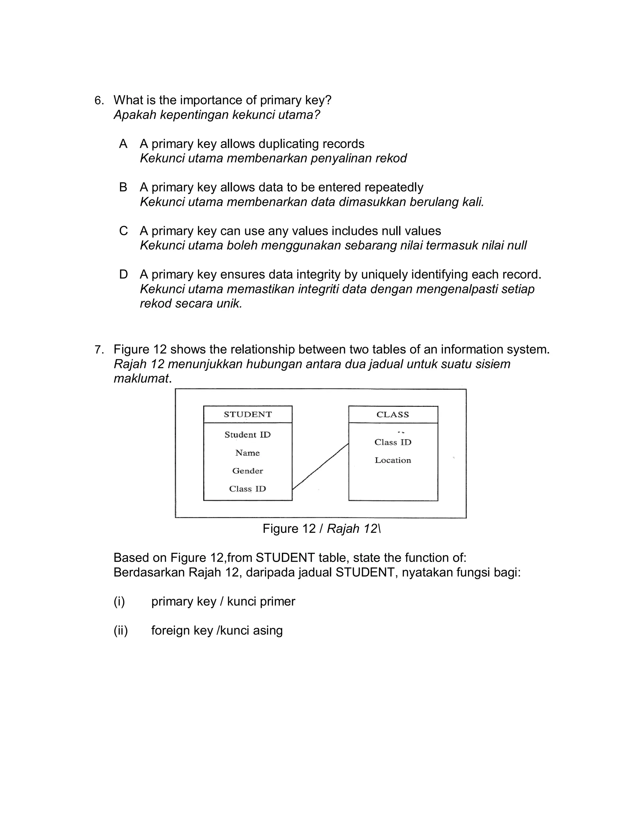 6. What is the importance of primary key?

Apakah kepentingan kekunci utama?
A A primary key allows duplicating records
Kekunci utama membenarkan penyalinan rekod
B A primary key allows data to be entered repeatedly
Kekunci utama membenarkan data dimasukkan berulang kali.
C A primary key can use any values includes null values
Kekunci utama boleh menggunakan sebarang nilai termasuk nilai null
D A primary key ensures data integrity by uniquely identifying each record.
Kekunci utama memastikan integriti data dengan mengenalpasti setiap
rekod secara unik.

7. Figure 12 shows the relationship between two tables of an information system.

Rajah 12 menunjukkan hubungan antara dua jadual untuk suatu sisiem
maklumat.

Figure 12 / Rajah 12
Based on Figure 12,from STUDENT table, state the function of:
Berdasarkan Rajah 12, daripada jadual STUDENT, nyatakan fungsi bagi:
(i)

primary key / kunci primer

(ii)

foreign key /kunci asing

 