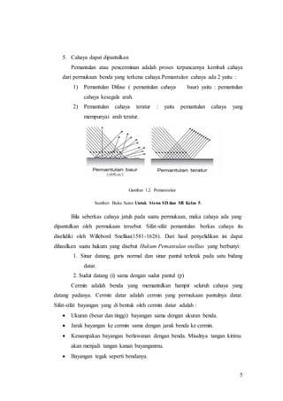 5 
5. Cahaya dapat dipantulkan 
Pemantulan atau pencerminan adalah proses terpancarnya kembali cahaya 
dari permukaan benda yang terkena cahaya.Pemantulan cahaya ada 2 yaitu : 
1) Pemantulan Difuse ( pemantulan cahaya baur) yaitu : pemantulan 
cahaya kesegala arah. 
2) Pemantulan cahaya teratur : yaitu pemantulan cahaya yang 
mempunyai arah teratur. 
Gambar 1.2 Pemantulan 
Sumber: Buku Sains Untuk Siswa SD dan MI Kelas 5. 
Bila seberkas cahaya jatuh pada suatu permukaan, maka cahaya ada yang 
dipantulkan oleh permukaan tersebut. Sifat-sifat pemantulan berkas cahaya itu 
diselidiki oleh Willebord Snellius(1581-1626). Dari hasil penyelidikan ini dapat 
dihasilkan suatu hukum yang disebut Hukum Pemantulan snellius yang berbunyi: 
1. Sinar datang, garis normal dan sinar pantul terletak pada satu bidang 
datar. 
2. Sudut datang (i) sama dengan sudut pantul (p) 
Cermin adalah benda yang memantulkan hampir seluruh cahaya yang 
datang padanya. Cermin datar adalah cermin yang permukaan pantulnya datar. 
Sifat-sifat bayangan yang di bentuk oleh cermin datar adalah : 
 Ukuran (besar dan tinggi) bayangan sama dengan ukuran benda. 
 Jarak bayangan ke cermin sama dengan jarak benda ke cermin. 
 Kenampakan bayangan berlawanan dengan benda. Misalnya tangan kirimu 
akan menjadi tangan kanan bayanganmu. 
 Bayangan tegak seperti bendanya. 
 