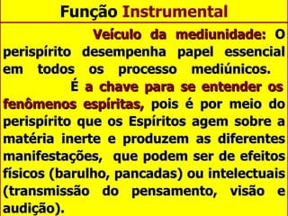 Função  Instrumental Veículo da mediunidade:  O perispírito desempenha papel essencial em todos os processo mediúnicos.    É  a chave para se entender os fenômenos espíritas,  pois é por meio do perispírito que os Espíritos agem sobre a matéria inerte e produzem as diferentes manifestações,  que podem ser de efeitos físicos (barulho, pancadas) ou intelectuais (transmissão do pensamento, visão e audição). 