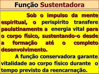 Função  Sustentadora Sob o impulso da mente espiritual, o  perispírito transfere  paulatinamente a  energia vital  para o corpo físico, sustentando-o desde a formação até o completo desenvolvimento.   A função conservadora garante vitalidade ao corpo físico durante  o tempo previsto da reencarnação. 