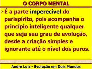 É a parte  imperecível  do perispírito, pois acompanha o princípio inteligente qualquer que seja seu grau de evolução, desde a criação simples e ignorante até o nível dos puros. O CORPO MENTAL André Luiz - Evolução em Dois Mundos 