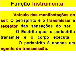 Veículo das manifestações doVeículo das manifestações do
ser:ser: O perispírito é oO perispírito é o transmissortransmissor ee
receptorreceptor das sensações do ser.das sensações do ser.
O Espírito quer o perispíritoO Espírito quer o perispírito
transmite e o corpo executa.transmite e o corpo executa.
O perispírito é apenas umO perispírito é apenas um
agente de transmissãoagente de transmissão ..
Função Instrumental
 