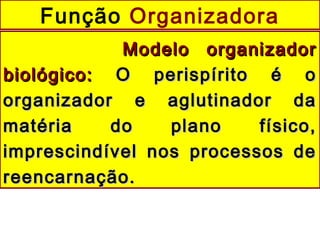 Função Organizadora
Modelo organizadorModelo organizador
biológico:biológico: O perispírito é oO perispírito é o
organizador e aglutinador daorganizador e aglutinador da
matéria do plano físico,matéria do plano físico,
imprescindível nos processos deimprescindível nos processos de
reencarnação.reencarnação.
 