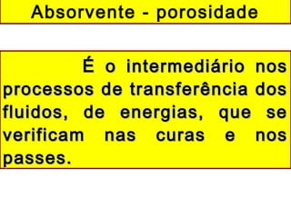 É o intermediário nosÉ o intermediário nos
processos de transferência dosprocessos de transferência dos
fluidos, de energias, que sefluidos, de energias, que se
verificam nas curas e nosverificam nas curas e nos
passes.passes.
Absorvente - porosidade
 