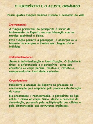 Possui quatro funções básicas visando a economia da vida.
O PERISPÍRITO E O AJUSTE ORGÂNICO
Instrumental:
A função primordial do perispírito é servir de
instrumento do Espírito em sua interação com os
mundos espiritual e físico.
Esta função permite a percepção, a absorção ou o
bloqueio de energias e fluidos que chegam até o
indivíduo.
Individualizadora:
Serve à individualização e identificação. O Espírito é
único e diferenciado e o perispírito, como seu
envoltório ou corpo perene, mostra-o, reflete-o,
assegurando-lhe identidade exclusiva.
Organizadora:
Possibilita a atuação do Espírito no processo de
reencarnação pois responde pela própria estruturação
do corpo.
Na encarnação / reencarnação, o perispírito se liga
célula a célula ao corpo físico, desde o processo da
fecundação, passando pela multiplicação das células e
pela diferenciação das estruturas orgânicas.
 