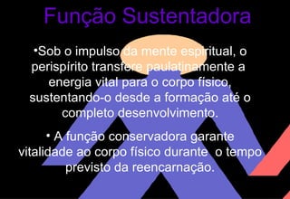 Função Sustentadora Sob o impulso da mente espiritual, o perispírito transfere paulatinamente a  energia vital para o corpo físico, sustentando-o desde a formação até o completo desenvolvimento. A função conservadora garante vitalidade ao corpo físico durante  o tempo previsto da reencarnação. 