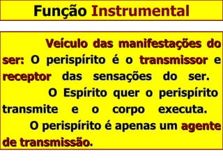 Função  Instrumental Veículo das manifestações do ser:  O perispírito é o  transmissor  e  receptor  das sensações do ser.    O Espírito quer o perispírito transmite e o corpo executa.    O perispírito é apenas um  agente de transmissão . 