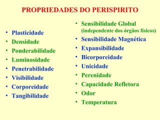 PROPRIEDADES DO PERISPIRITO 
• Plasticidade 
• Densidade 
• Ponderabilidade 
• Luminosidade 
• Penetrabilidade 
• Visibilidade 
• Corporeidade 
• Tangibilidade 
• Sensibilidade Global 
(independente dos órgãos físicos) 
• Sensibilidade Magnética 
• Expansibilidade 
• Bicorporeidade 
• Unicidade 
• Perenidade 
• Capacidade Refletora 
• Odor 
• Temperatura 
 