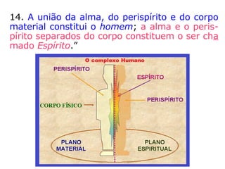 14. A união da alma, do perispírito e do corpo
material constitui o homem; a alma e o peris-
pírito separados do corpo constituem o ser cha
mado Espírito.”
 
