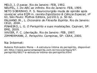 MELO, J. O passe. Rio de Janeiro: FEB, 1992.
NÁUFEL, J. Do ABC ao infinito. Rio de Janeiro: FEB, 1999.
NETO SOBRINHO, P. S. Neurocirurgião muda de opinião após
vivenciar uma EQM in. revista Espiritismo & Ciência Especial, nº
63, São Paulo: Mythos Editora, jul/2013, p. 50-62.
PALHANO JR., L. Dicionário de Filosofia Espírita. Rio de Janeiro:
CELD, 2004.
PINHEIRO, L. G. O Perispírito e suas modelações. Capivari, SP:
EME, 2009.
XAVIER, F. C. Libertação. Rio de Janeiro: FEB, 1987.
ZIMMERMANN, Z. Perispírito. Campinas, SP: CEAK, 2000.
Na Internet:
Rubens Policastro Meira – A estrutura íntima do perispírito, disponível
em http://www.panoramaespirita.com.br/novo/artigos/97-
perispirito/6817-a-estrutura-intima-do-perispirito.html
 
