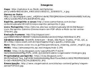 Imagens:
Capa: http://sphotos-b.xx.fbcdn.net/hphotos-
prn1/s480x480/65184_490510031000253_325080371_n.jpg
Germe no fruto:
http://2.bp.blogspot.com/_z4QRVm1dehE/TEEQMK06AmI/AAAAAAAABEI/XofLAq
XfRJc/s1600/FRUTA%3DESPIRITO.jpg
Espírito, perispírito e corpo:http://www.samaritanos.com.br/wp-
content/uploads/2014/03/corpo-espirito-perispirito-3.jpg
Livro Perispírito: http://lelivros.site/wp-content/uploads/2015/08/Baixar-
Livro-Perispirito-Zalmino-Zimmermann-em-PDF-ePub-e-Mobi-ou-ler-online-
370x541.jpg
Evolução humana: http://3.bp.blogspot.com/-
pzyCH6MHHN0/UF3fB5N9Y1I/AAAAAAAAABs/Lkm3imOYkfg/s1600/Slide12.JPG
Cérebros maiores: Scientific Americam – Brasil, São Paulo: Duetto, nº 02, s/d, p.
84 e http://www.sciam.com.br/reportagens/img/1.quadro_cranios.jpg
Aura: http://www.voice-inc.co.jp/files/genre4/aura_cleaning_water_img021.jpg
MOB1: http://almaeespirito.zip.net/images/mob-2.JPG
MOB2: http://4.bp.blogspot.com/-qsoiuPDykPY/T1k2rK-
OatI/AAAAAAAAPNg/F5Px_l2K8_Q/s1600/modelo+organizador+biologico.jpg
Propriedades perispírito: http://3.bp.blogspot.com/-
8XrM2kdfra0/Twg_6qP428I/AAAAAAAAAEg/BuUFJuwzDk8/s1600/PROPRIEDADE
S+DO+PERISP%25C3%258DRITO.JPG
Emancipação: http://www.viagemastral.com/site/wp-content/gallery/viagem-
astral/FOTO10.jpg
 