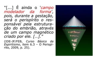 "[...] É ainda o 'campo
modelador da forma',
pois, durante a gestação,
será o perispírito o res-
ponsável pela estrutura-
ção do embrião, através
de um campo magnético
criado por ele. […].”
(IDE-JF/FEB, Curso Básico de
Espiritismo, item 6.3 – O Perispí-
rito, 2009, p. 25).
 