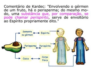 Comentário de Kardec: "Envolvendo o gérmen
de um fruto, há o perisperma; do mesmo mo-
do, uma substância que, por comparação, se
pode chamar perispírito, serve de envoltório
ao Espírito propriamente dito."
 