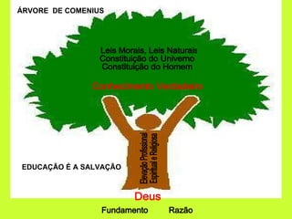 ÁRVORE  DE COMENIUS EDUCAÇÃO É A SALVAÇÃO Leis Morais, Leis Naturais  Constituição do Univerno Constituição do Homem Conhecimento Verdadeiro Deus Fundamento  Razão Elevação Profissional Espiritual e Religiosa 