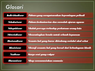 PahamyangmengutamakankepentinganpribadiIndividualisme
PahamkeduniawiandanmenolakajaranagamaSekularisme
MudahpercayaterhadapperkataanoranglainSekeptitisme
MementingkanbendauntuksebuahkepuasanMeterialisme
Sesuatuhal yangharus ditimbangmelalui akal sehatRasionalisme
Memuji sesuatuhal yangbersal dari kebudayaanklasikKlasisisme
Karyaseni yangvulgarNudisme
SikapmemanusiakanmanusiaHumanisme
 