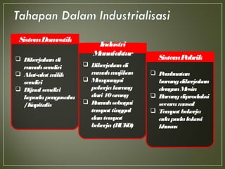  Dikerjakandi
rumahsendiri
 Alat-alat milik
sendiri
 Dijual sendiri
kepadapengusaha
/Kapitalis
SistemDomestik
 Dikerjakandi
rumahmajikan
 Mempunyai
pekerjakurang
dari 10orang
 Rumahsebagai
tempat tinggal
dantempat
bekerja(RUKO)
Industri
Manufaktur
 Pembuatan
barangdikerjakan
denganMesin
 Barangdiproduksi
secaramasal
 Tempat bekerja
adapadalokasi
khusus
SistemPabrik
 
