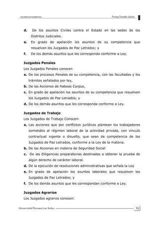 91
d. De los asuntos Civiles contra el Estado en las sedes de los
Distritos Judiciales.
e. En grado de apelación los asuntos de su competencia que
resuelven los Juzgados de Paz Letrados; y
f. De los demás asuntos que les corresponda conforme a Ley.
Juzgados Penales
Los Juzgados Penales conocen
a. De los procesos Penales de su competencia, con las facultades y los
trámites señalados por ley,
b. De las Acciones de Habeas Corpus,
c. En grado de apelación los asuntos de su competencia que resuelven
los Juzgados de Paz Letrados; y
d. De los demás asuntos que les corresponda conforme a Ley.
Juzgados de Trabajo
Los Juzgados de Trabajo Conocen:
a. Las acciones que por conflictos jurídicos plantean los trabajadores
sometidos al régimen laboral de la actividad privada, con vínculo
contractual vigente o disuelto, que sean de competencia de los
Juzgados de Paz Letrados, conforme a la Ley de la materia.
b. De las Acciones en materia de Seguridad Social
c. De las Diligencias preparatorias destinadas a obtener la prueba de
algún derecho de carácter laboral.
d. De la ejecución de resoluciones administrativas que señala la Ley
e. En grado de apelación los asuntos laborales que resuelven los
Juzgados de Paz Letrados; y
f. De los demás asuntos que les correspondan conforme a Ley.
Juzgados Agrarios
Los Juzgados agrarios conocen:
 