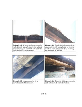 Figura 5.3.3 Se observan filamentos de la           Figura 5.3.4 Detalle del techo de donde se
malla del cielo raso y fascia en sitio, utilizada   desprendió el cielo raso y fascia, se observa
antiguamente para permitir la colocación del        el estado avanzado de daño de la madera y
revestimiento a base de mezcla.                     los filamentos de la malla.




Figura 5.3.5 Larguero exterior de la                Figura 5.3.6 Otra vista del larguero exterior
estructura de techo de madera.                      de la estructura de techo de madera.




                                              14 de 21
 