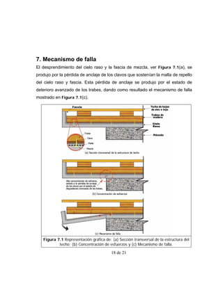7. Mecanismo de falla
El desprendimiento del cielo raso y la fascia de mezcla, ver Figura 7.1(a), se
produjo por la pérdida de anclaje de los clavos que sostenían la malla de repello
del cielo raso y fascia. Esta pérdida de anclaje se produjo por el estado de
deterioro avanzado de los trabes, dando como resultado el mecanismo de falla
mostrado en Figura 7.1(c).




   Figura 7.1 Representación gráfica de: (a) Sección transversal de la estructura del
           techo; (b) Concentración de esfuerzos y (c) Mecanismo de falla.

                                         18 de 21
 