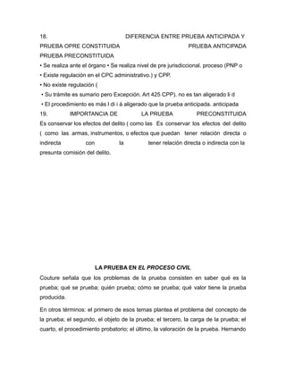18.

DIFERENCIA ENTRE PRUEBA ANTICIPADA Y

PRUEBA OPRE CONSTITUIDA

PRUEBA ANTICIPADA

PRUEBA PRECONSTITUIDA
• Se realiza ante el órgano • Se realiza nivel de pre jurisdiccional. proceso (PNP o
• Existe regulación en el CPC administrativo.) y CPP.
• No existe regulación (
• Su trámite es sumario pero Excepción. Art 425 CPP). no es tan aligerado li d
• El procedimiento es más l di i á aligerado que la prueba anticipada. anticipada
19.

IMPORTANCIA DE

LA PRUEBA

PRECONSTITUIDA

Es conservar los efectos del delito ( como las Es conservar los efectos del delito
( como las armas, instrumentos, o efectos que puedan tener relación directa o
indirecta

con

la

tener relación directa o indirecta con la

presunta comisión del delito.

LA PRUEBA EN EL PROCESO CIVIL
Couture señala que los problemas de la prueba consisten en saber qué es la
prueba; qué se prueba; quién prueba; cómo se prueba; qué valor tiene la prueba
producida.
En otros términos: el primero de esos temas plantea el problema del concepto de
la prueba; el segundo, el objeto de la prueba; el tercero, la carga de la prueba; el
cuarto, el procedimiento probatorio; el último, la valoración de la prueba. Hernando

 