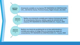 Orientación contable en la empresa FRF INGENIERIA & CONSTRUCCION
S.R.L., del Distrito Huaraz, Provincia Huaraz, Región Ancash, año 2020
Realiza una orientación contable para mejorar el proceso de acopio
de comprobantes (facturas, boletas y guias de remisión) de la
empresa FRF INGENIERIA & CONSTRUCCION S.R.L. Huaraz, 2020
Realizar una charla de sensibilización en el área adminsitrativa y
contable para aplicar el Código Ética en el proceso de acopio de
comprobantes FRF INGENIERIA & CONSTRUCCION S.R.L. Huaraz, 2020
OBJETIVOS
ESPECIFICO
1
OBJETIVOS
ESPECIFICO
2
OBJETIVOS
GENERAL
 
