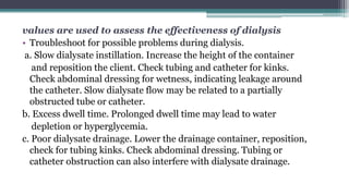 values are used to assess the effectiveness of dialysis
• Troubleshoot for possible problems during dialysis.
a. Slow dialysate instillation. Increase the height of the container
and reposition the client. Check tubing and catheter for kinks.
Check abdominal dressing for wetness, indicating leakage around
the catheter. Slow dialysate flow may be related to a partially
obstructed tube or catheter.
b. Excess dwell time. Prolonged dwell time may lead to water
depletion or hyperglycemia.
c. Poor dialysate drainage. Lower the drainage container, reposition,
check for tubing kinks. Check abdominal dressing. Tubing or
catheter obstruction can also interfere with dialysate drainage.
 