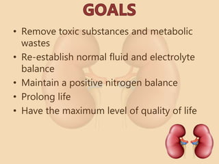 • Remove toxic substances and metabolic
wastes
• Re-establish normal fluid and electrolyte
balance
• Maintain a positive nitrogen balance
• Prolong life
• Have the maximum level of quality of life
 
