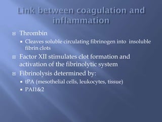 Thrombin
 Cleaves soluble circulating fibrinogen into insoluble
fibrin clots
 Factor XII stimulates clot formation and
activation of the fibrinolytic system
 Fibrinolysis determined by:
 tPA (mesothelial cells, leukocytes, tissue)
 PAI1&2
 