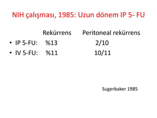 NIH çalışması, 1985: Uzun dönem IP 5- FU 
Rekürrens Peritoneal rekürrens 
• IP 5-FU: %13 2/10 
• IV 5-FU: %11 10/11 
Sugerbaker 1985 
 