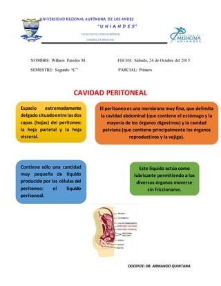 DOCENTE: DR. ARMANDO QUINTANA
NOMBRE: William Paredes M. FECHA: Sábado, 24 de Octubre del 2015
SEMESTRE: Segundo “C” PARCIAL: Primero
CAVIDAD PERITONEAL
UNI VERSIDAD R EGIONAL AUTÓNOMA DE LOS ANDES
“U N I A N D E S”
FACULTAD DE CIENCIASMÉDICAS
CARRERA DE MEDICINA
ANATOMÍA II
Espacio extremadamente
delgadosituadoentrelasdos
capas (hojas) del peritoneo:
la hoja parietal y la hoja
visceral.
Contiene sólo una cantidad
muy pequeña de líquido
producido por las células del
peritoneo: el líquido
peritoneal.
El peritoneoes una membrana muy fina, que delimita
la cavidad abdominal (que contiene el estómago y la
mayoría de los órganos digestivos) y la cavidad
pelviana (que contiene principalmente los órganos
reproductivos y la vejiga).
Este líquido actúa como
lubricante permitiendo a los
diversos órganos moverse
sin friccionarse.
 