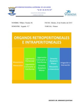 DOCENTE: DR. ARMANDO QUINTANA
NOMBRE: William Paredes M. FECHA: Sábado, 24 de Octubre del 2015
SEMESTRE: Segundo “C” PARCIAL: Primero
ORGANOS RETROPERITONEALES
E INTRAPERITONEALES
Mesenterio
Mesocolon
Ligamento
Peritoneal
Ligamento
Coronario y
Falciforme
Ligamento
Coronario y
Falciforme
Omento
(Epiplon)
Menor
Omento
(Epiplon)
Mayor
Mesotelio
e Intersticio
Irrigación e
Inervación
UNI VERSIDAD R EGIONAL AUTÓNOMA DE LOS ANDES
“U N I A N D E S”
FACULTAD DE CIENCIASMÉDICAS
CARRERA DE MEDICINA
ANATOMÍA II
 