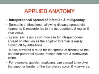APPLIED ANATOMY
 Intraperitoneal spread of infection & malignancy
• Spread is bi-directional, allowing disease spread via
ligaments & mesenteries to the extraperitoneal region &
vice versa.
• Lesser sac is not a common site for intraperitoneal
spread of infection as the epiploic foramen is easily
closed off by adhesions.
• It also provides a route for the spread of disease to the
anterior pararenal space, mesenteric root & transverse
colon.
• For example, gastric neoplasms can spread to involve
the superior border of the transverse colon & vice-versa.
 