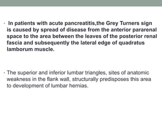 • In patients with acute pancreatitis,the Grey Turners sign
is caused by spread of disease from the anterior pararenal
space to the area between the leaves of the posterior renal
fascia and subsequently the lateral edge of quadratus
lamborum muscle.
• The superior and inferior lumbar triangles, sites of anatomic
weakness in the flank wall, structurally predisposes this area
to development of lumbar hernias.
 