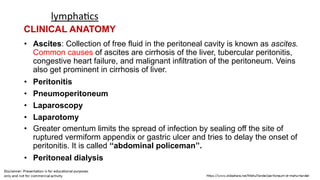 lymphatics
CLINICAL ANATOMY
• Ascites: Collection of free fluid in the peritoneal cavity is known as ascites.
Common causes of ascites are cirrhosis of the liver, tubercular peritonitis,
congestive heart failure, and malignant infiltration of the peritoneum. Veins
also get prominent in cirrhosis of liver.
• Peritonitis
• Pneumoperitoneum
• Laparoscopy
• Laparotomy
• Greater omentum limits the spread of infection by sealing off the site of
ruptured vermiform appendix or gastric ulcer and tries to delay the onset of
peritonitis. It is called ‘‘abdominal policeman’’.
• Peritoneal dialysis
 