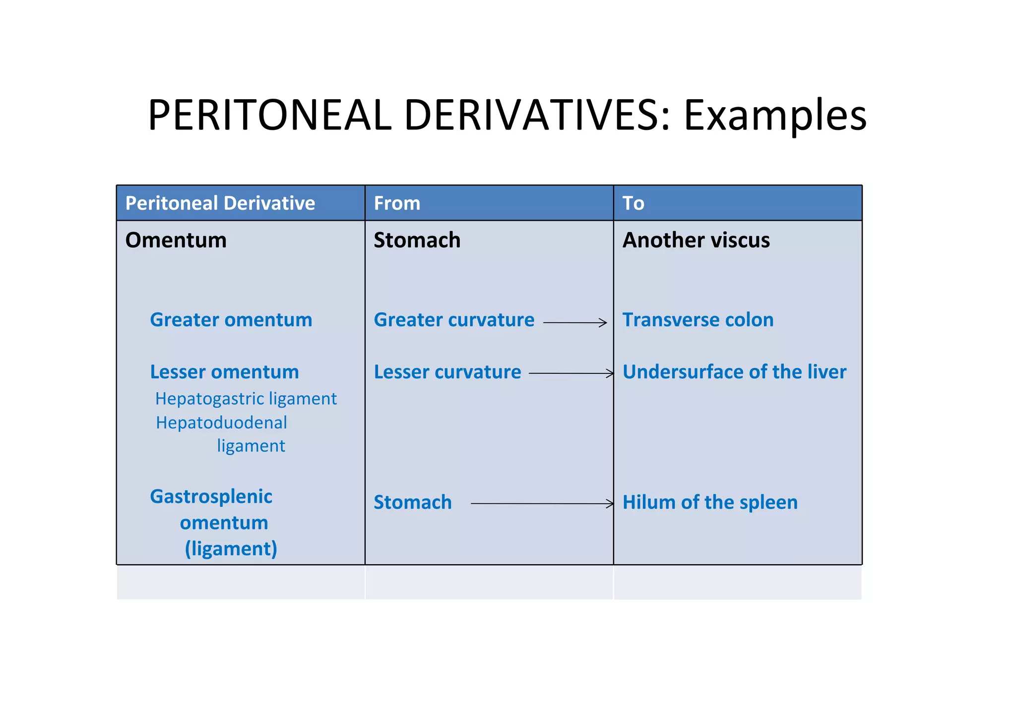 PERITONEAL DERIVATIVES: Examples
Peritoneal Derivative       From                To
Omentum                     Stomach             Another viscus


  Greater omentum           Greater curvature   Transverse colon

  Lesser omentum            Lesser curvature    Undersurface of the liver
   Hepatogastric ligament
   Hepatoduodenal
         ligament

  Gastrosplenic             Stomach             Hilum of the spleen
     omentum
     (ligament)
 