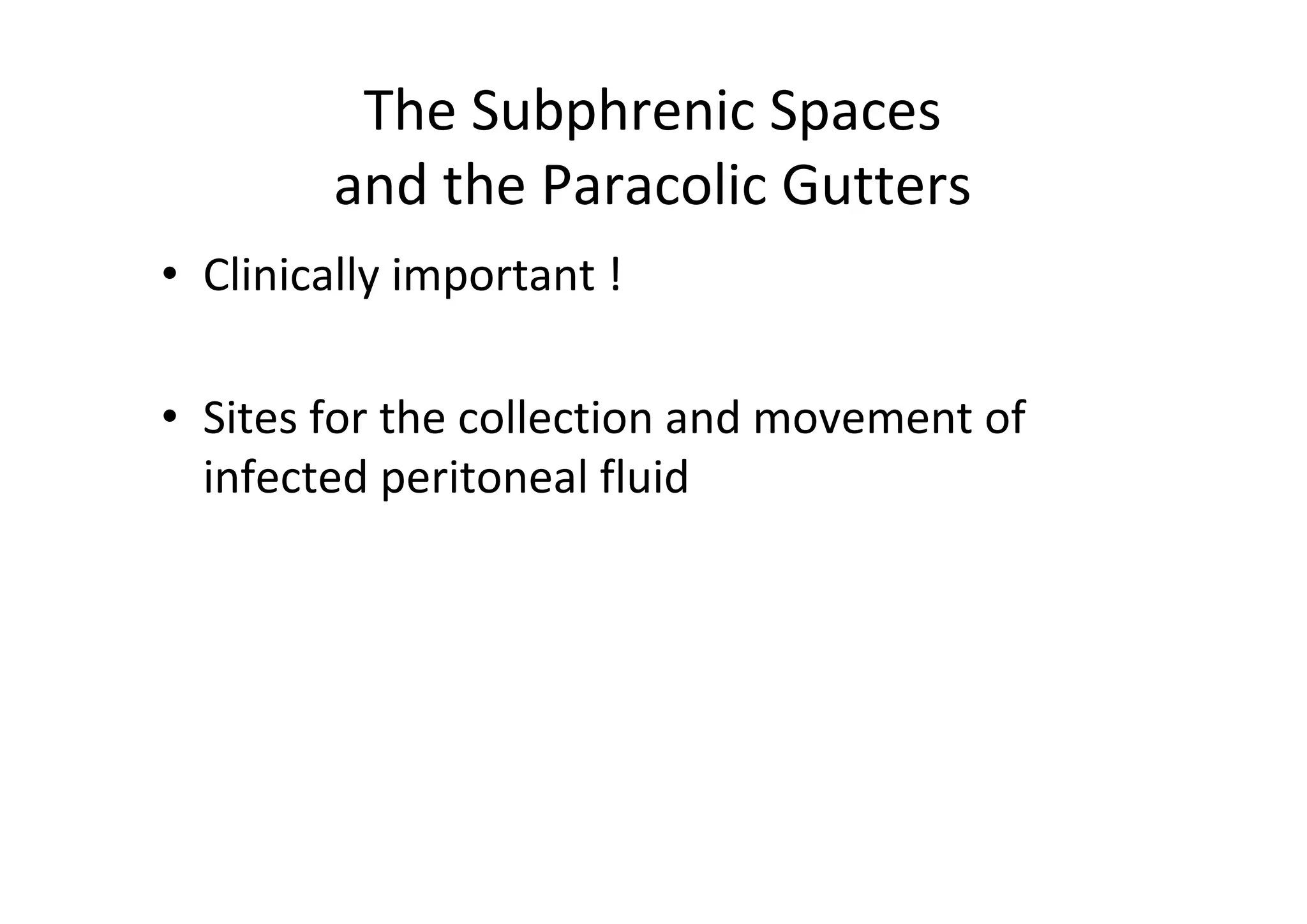 The Subphrenic Spaces
        and the Paracolic Gutters
• Clinically important !

• Sites for the collection and movement of
  infected peritoneal fluid
 