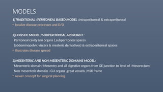 MODELS
1)TRADITIONAL /PERITONEAL BASED MODEL :intraperitoneal & extraperitoneal
• localize disease processes and D/D
2)HOLISTIC MODEL /SUBPERITONEAL APPROACH :
Peritoneal cavity (no organs ),subperitoneal spaces
(abdominopelvic viscera & mesteric derivatives) & extraperitoneal spaces
• illustrates disease spread
3)MESENTERIC AND NON MESENTERIC DOMAINS MODEL:
Mesenteric domain- Mesentry and all digestive organs from GE junction to level of Mesorectum
Non mesenteric domain –GU organs ,great vessels ,MSK frame
• newer concept for surgical planning
 