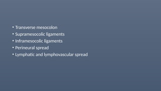 • Transverse mesocolon
• Supramesocolic ligaments
• Inframesocolic ligaments
• Perineural spread
• Lymphatic and lymphovascular spread
 