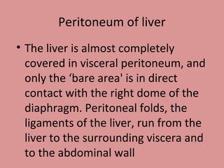 Peritoneum of liver
• The liver is almost completely
covered in visceral peritoneum, and
only the ‘bare area' is in direct
contact with the right dome of the
diaphragm. Peritoneal folds, the
ligaments of the liver, run from the
liver to the surrounding viscera and
to the abdominal wall
 
