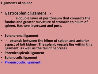 Ligaments of spleen
• Gastrosplenic ligament －
a double layer of peritoneum that connects the
fundus and greater curvature of stomach to hilum of
spleen. Has two layers.ant and post.
• Splenorenal ligament
• － extends between the hilum of spleen and anterior
aspect of left kidney. The splenic vessels lies within this
ligament, as well as the tail of pancreas
• Phrenicosplenic ligament
• Splenocolic ligament
• Phrenicocolic ligament.
 