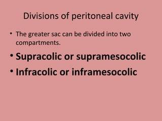 Divisions of peritoneal cavity
• The greater sac can be divided into two
compartments.
• Supracolic or supramesocolic
• Infracolic or inframesocolic
 