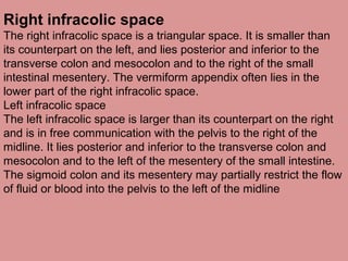 Right infracolic space
The right infracolic space is a triangular space. It is smaller than
its counterpart on the left, and lies posterior and inferior to the
transverse colon and mesocolon and to the right of the small
intestinal mesentery. The vermiform appendix often lies in the
lower part of the right infracolic space.
Left infracolic space
The left infracolic space is larger than its counterpart on the right
and is in free communication with the pelvis to the right of the
midline. It lies posterior and inferior to the transverse colon and
mesocolon and to the left of the mesentery of the small intestine.
The sigmoid colon and its mesentery may partially restrict the flow
of fluid or blood into the pelvis to the left of the midline
 