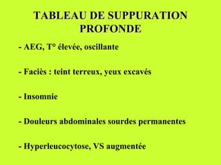 TABLEAU DE SUPPURATION
          PROFONDE
- AEG, T° élevée, oscillante

- Faciès : teint terreux, yeux excavés

- Insomnie

- Douleurs abdominales sourdes permanentes

- Hyperleucocytose, VS augmentée
 