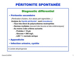 PÉRITONITE SPONTANÉE
Diagnostic différentiel
- Péritonite secondaire 
(Perforation d'ulcère, d'un abcès péri-sigmoïdien...)
Analyse du liquide péritonéal : sont évocateurs:
- Taux très élevé de polynucléaires neutrophiles
- Germes multiples (souvent des levures et des entérocoques)
- Au moins 2 des critères suivants:
. Protides > 10 g/L 
. Glucose < 500 mg/L 
. LDH 1) > normale sérique
- Appendicite 
- Infection urinaire, cystite
...................................................................................................
1) Lactate dehydrogenase 
Claude EUGÈNE 15
 