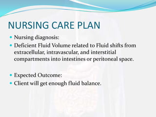 NURSING CARE PLAN
 Nursing diagnosis:
 Deficient Fluid Volume related to Fluid shifts from
 extracellular, intravascular, and interstitial
 compartments into intestines or peritoneal space.

 Expected Outcome:
 Client will get enough fluid balance.
 